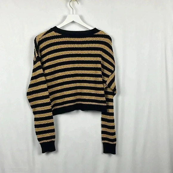 Woman Sweater Black & Gold Horizontal Stripe Long Sleeve Crew Neck Pullover 14 - Picture 5 of 9